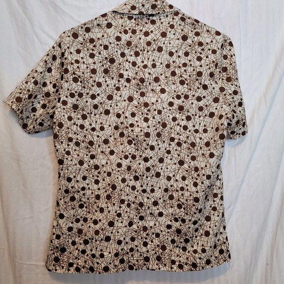 MCM Button Up Blouse Top Cream Brown Geometric Atomic Pattern Size 36 Small - Picture 11 of 11